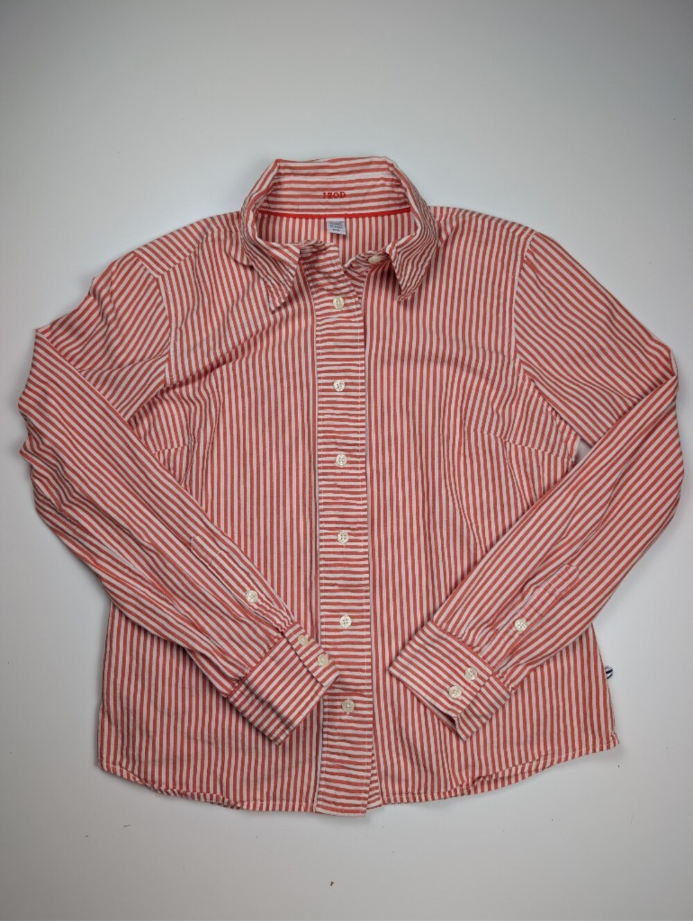 IZOD Long Sleeve Striped Button Down Shirt Women Medium Coral Pink Preppy Cotton